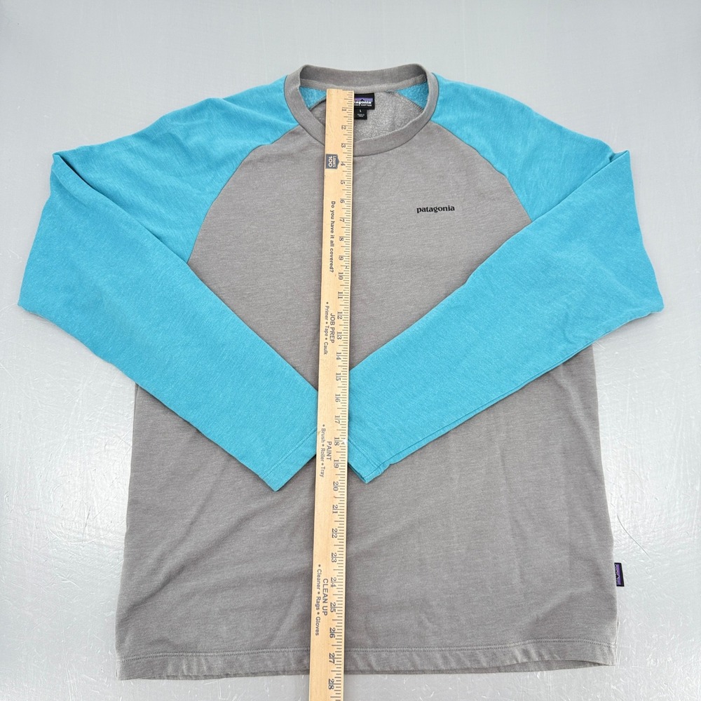 Patagonia Mens Grey Turquoise Blue Raglan Logo Crewneck Sweatshirt Large L - Picture 7 of 8